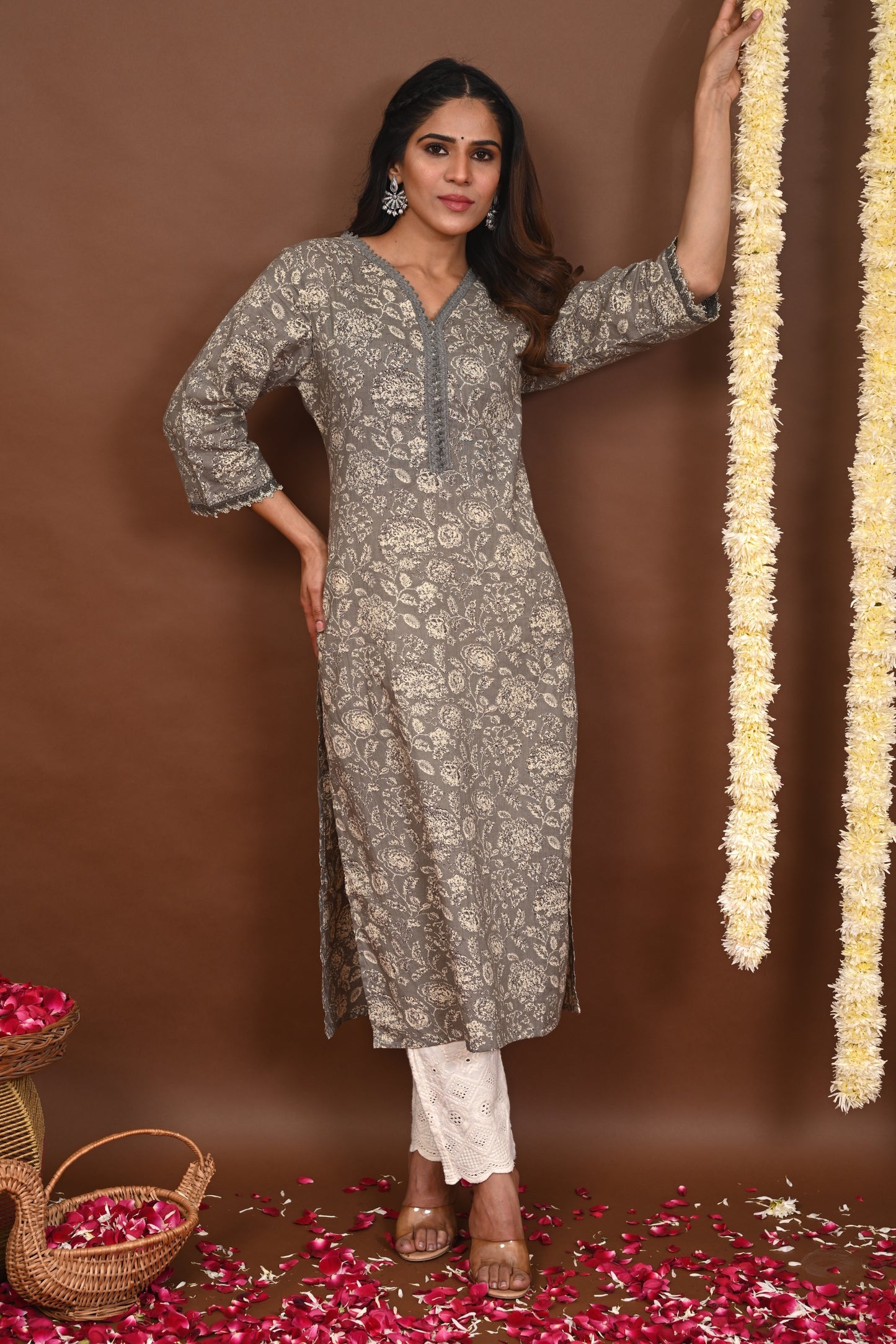 Rimeline Floral Printed V-Neck Pure Cotton Straight Kurtas