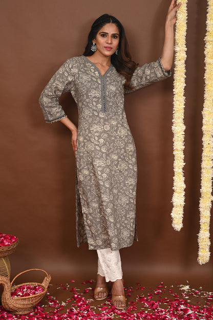 Rimeline Floral Printed V-Neck Pure Cotton Straight Kurtas