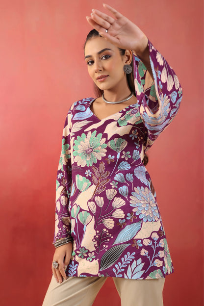 Rimeline Women Purple Floral Printed V-Neck Cotton Short Kurti