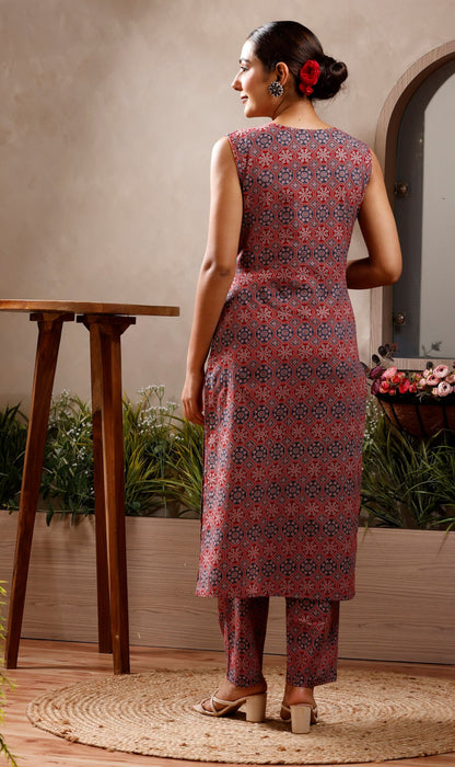 Rimeline Geometric Printed V-Neck Pure Cotton Kurta With Trousers