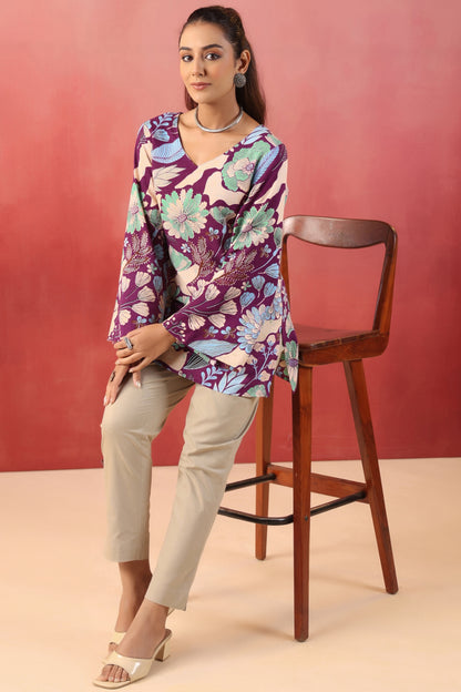 Rimeline Women Purple Floral Printed V-Neck Cotton Short Kurti