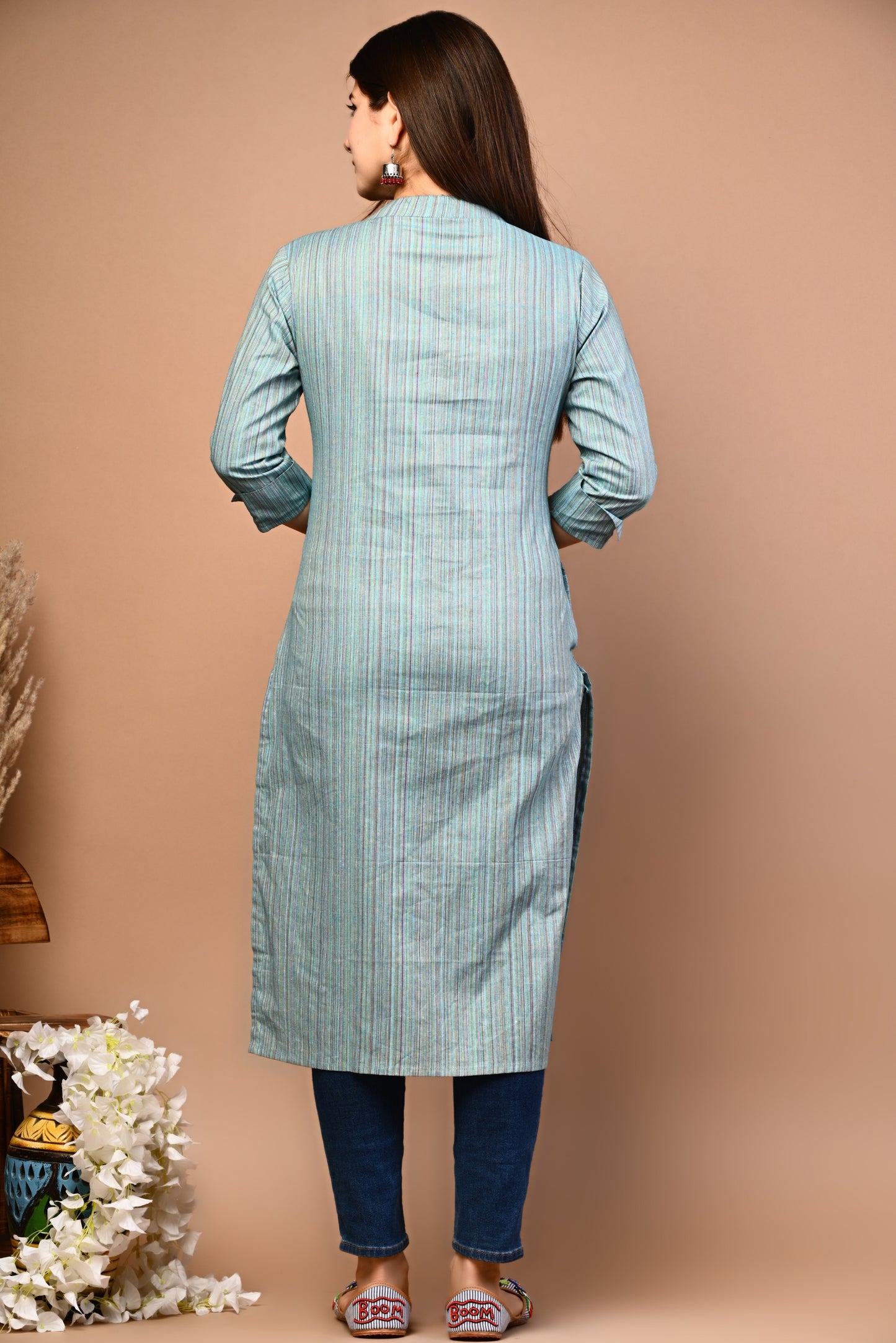 RimeLine Stripped Mandarin Straight kurta for women