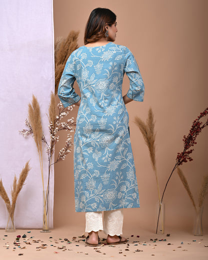 RimeLine Aqua Embroidered Printed V-Neck Kurti for women