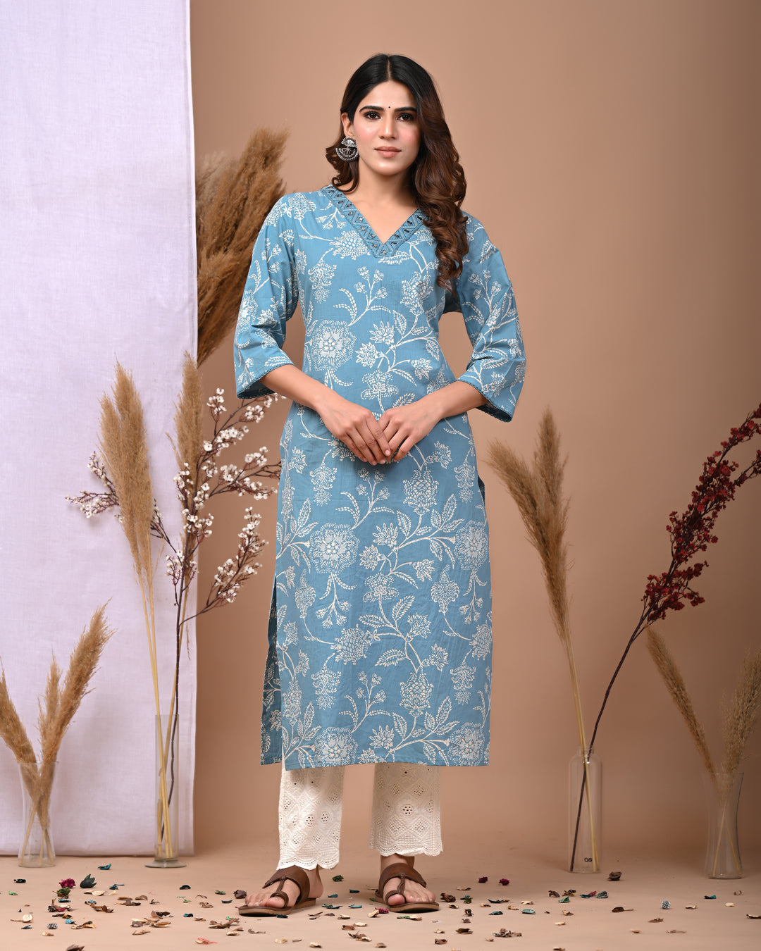 RimeLine Aqua Embroidered Printed V-Neck Kurti for women