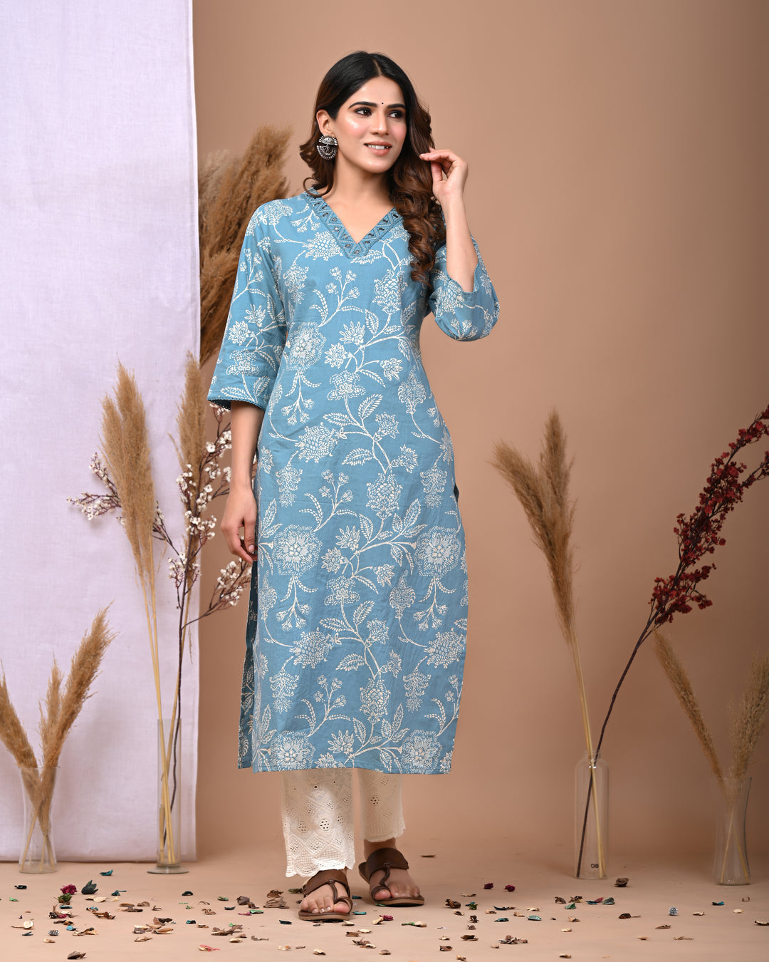 RimeLine Aqua Embroidered Printed V-Neck Kurti for women