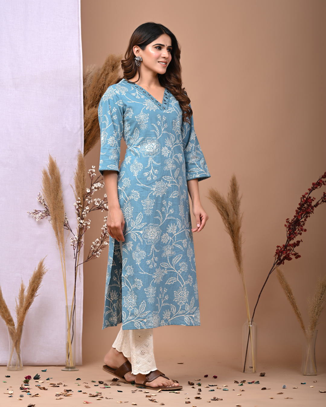 RimeLine Aqua Embroidered Printed V-Neck Kurti for women