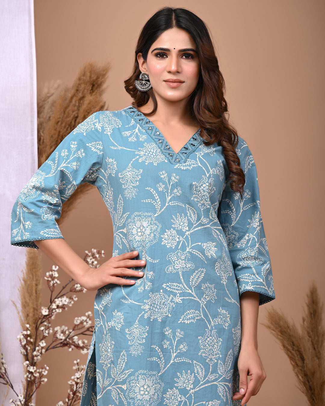 RimeLine Aqua Embroidered Printed V-Neck Kurti for women