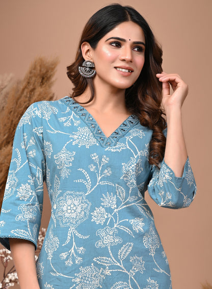 RimeLine Aqua Embroidered Printed V-Neck Kurti for women