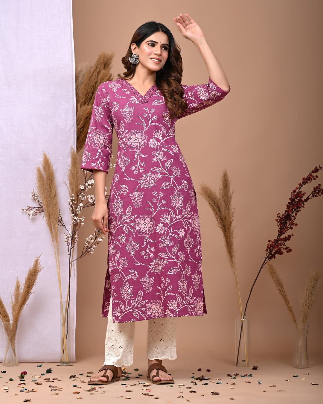 RimeLine Gajri Embroidered Printed V-Neck Kurti for women