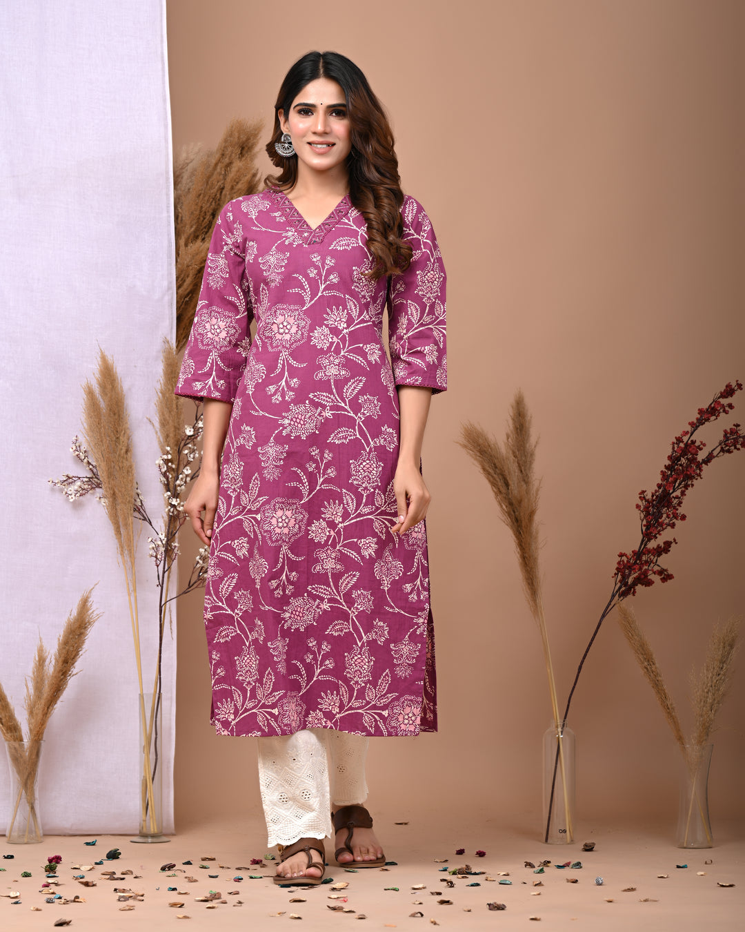 RimeLine Gajri Embroidered Printed V-Neck Kurti for women