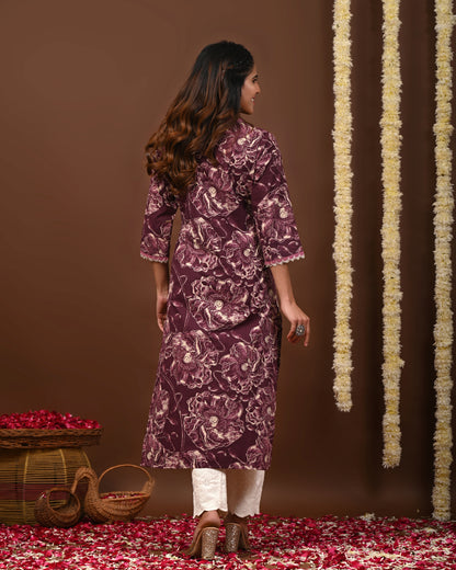 Rimeline Floral Printed V-Neck Straight Kurta