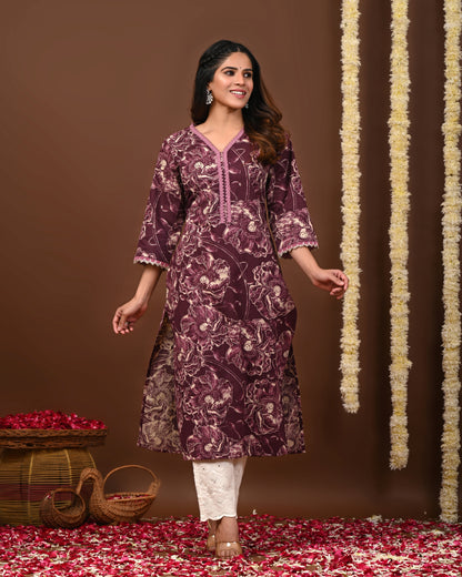 Rimeline Floral Printed V-Neck Straight Kurta