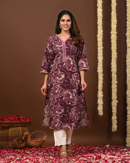 Rimeline Floral Printed V-Neck Straight Kurta