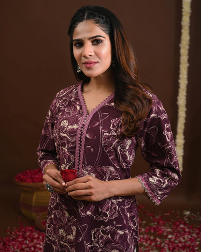 Rimeline Floral Printed V-Neck Straight Kurta