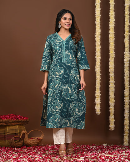 RimeLine Floral Printed Rama V-Neck Straight Kurta