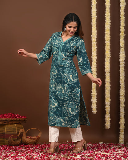 RimeLine Floral Printed Rama V-Neck Straight Kurta