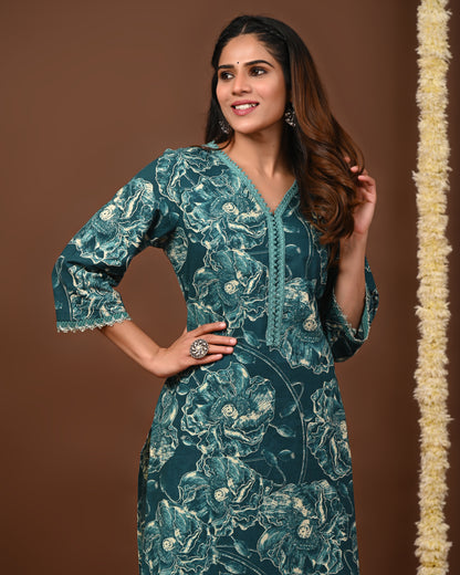 RimeLine Floral Printed Rama V-Neck Straight Kurta