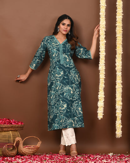 RimeLine Floral Printed Rama V-Neck Straight Kurta