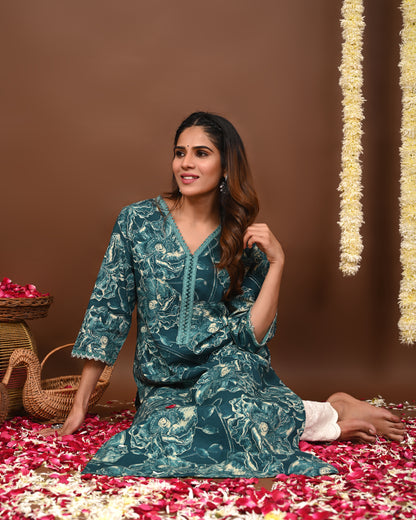 RimeLine Floral Printed Rama V-Neck Straight Kurta