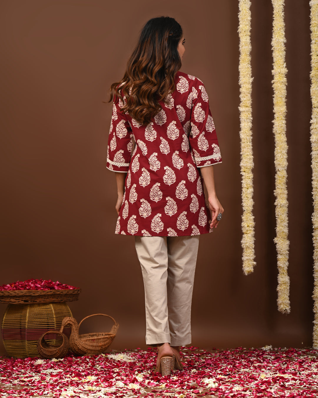 RimeLine Maroon Women Ethnic Motifs Printed Round-Neck Pure Cotton Kurti