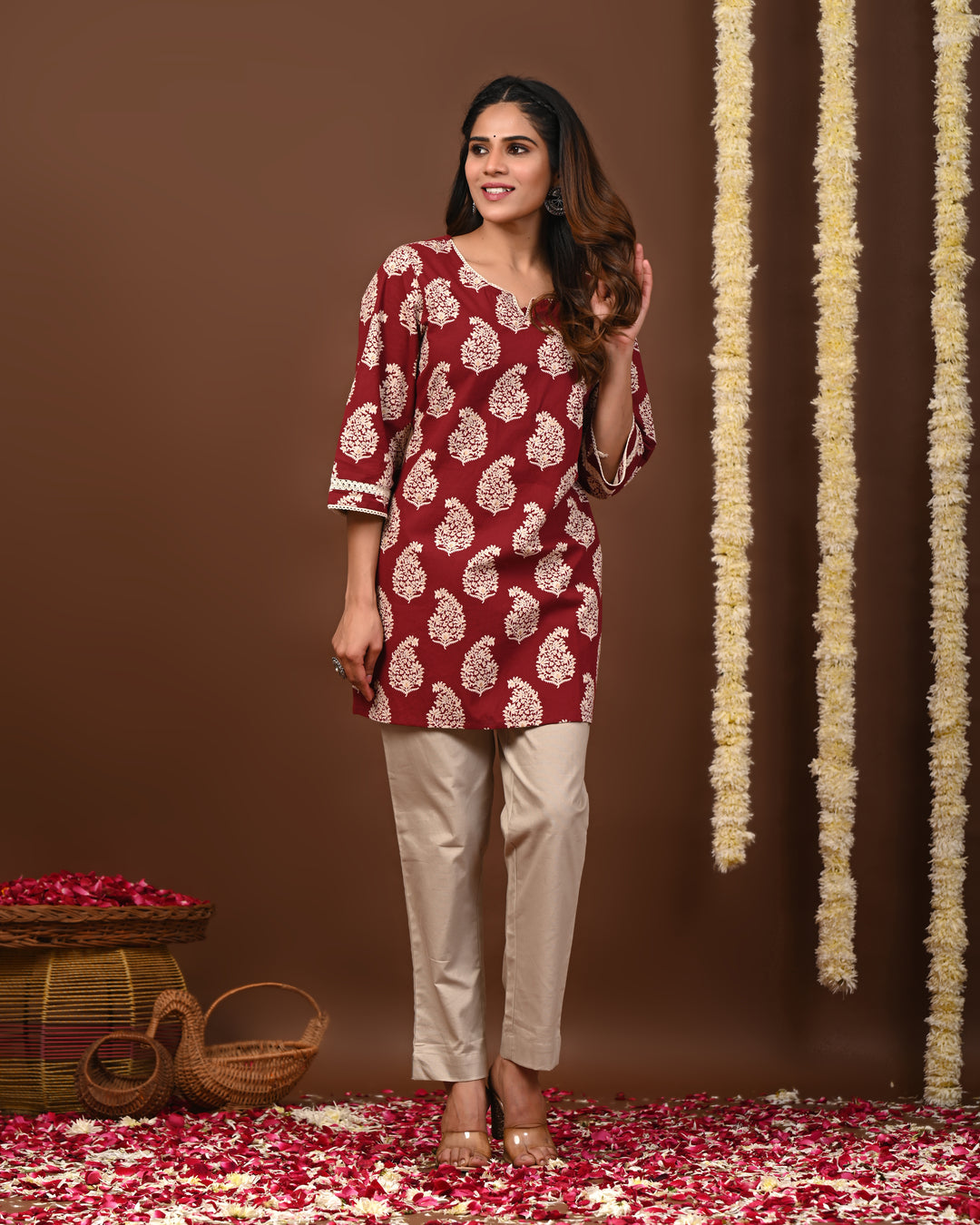 RimeLine Maroon Women Ethnic Motifs Printed Round-Neck Pure Cotton Kurti