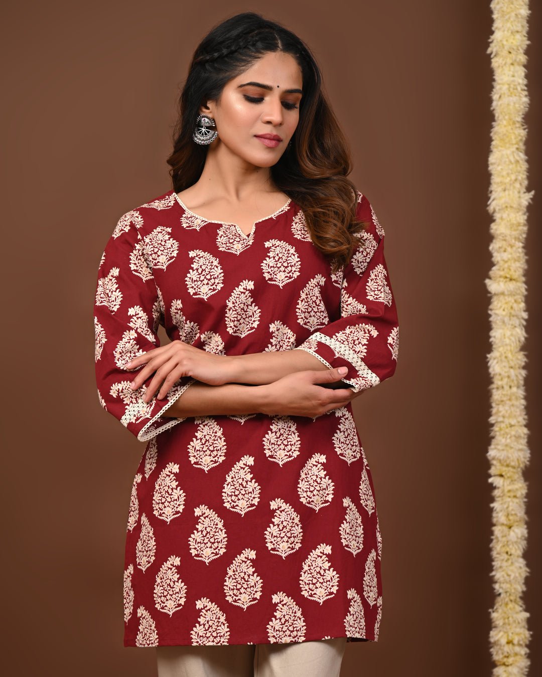 RimeLine Maroon Women Ethnic Motifs Printed Round-Neck Pure Cotton Kurti