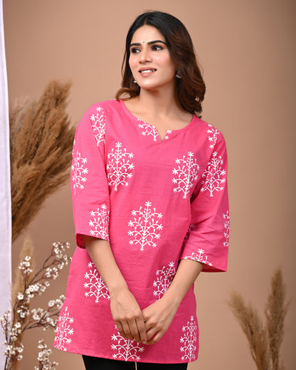 RimeLine Pink Ethnic Motifs Printed Round-Neck Cotton Kurti