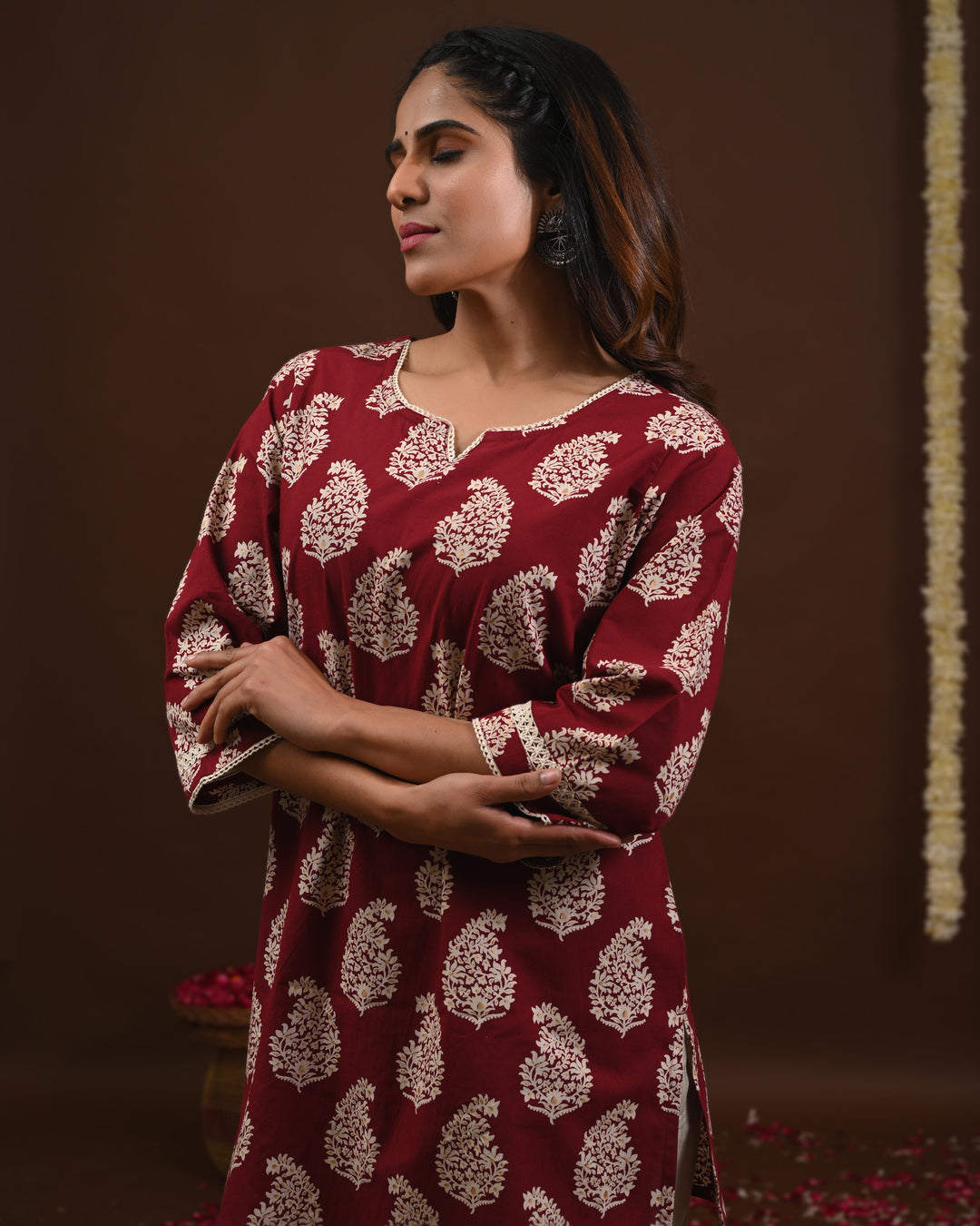 RimeLine Maroon Women Ethnic Motifs Printed Round-Neck Pure Cotton Kurti