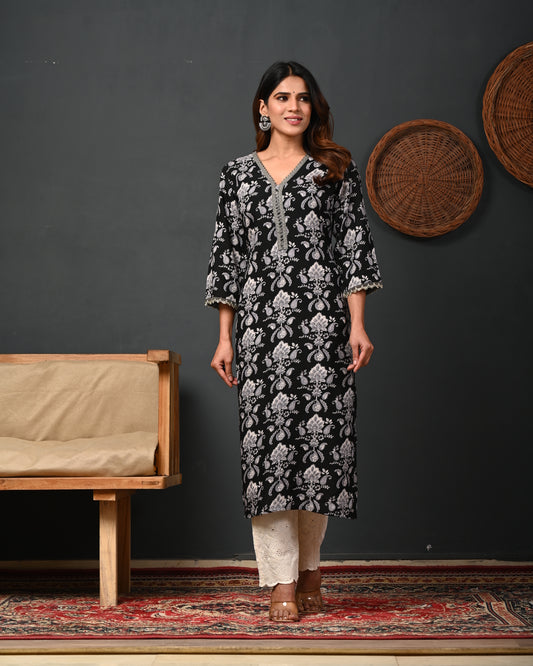 RimeLine Black Printed Rayon V-Neck Kurti for women