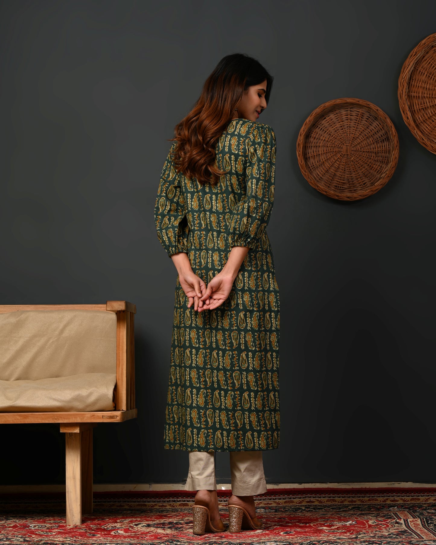 Rimeline Women Paisley Printed Puff Sleeves Pure Cotton Kurta
