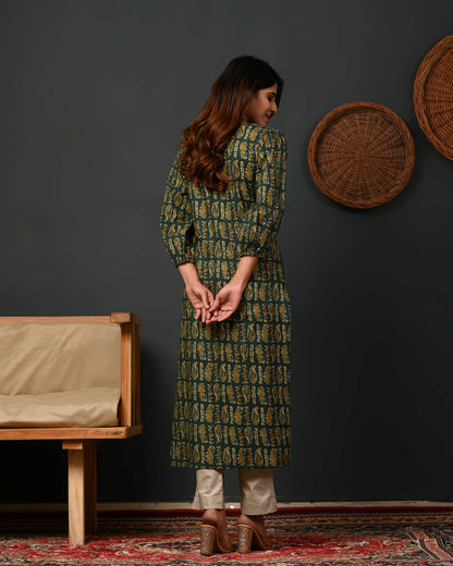 Rimeline Women Paisley Printed Puff Sleeves Pure Cotton Kurta