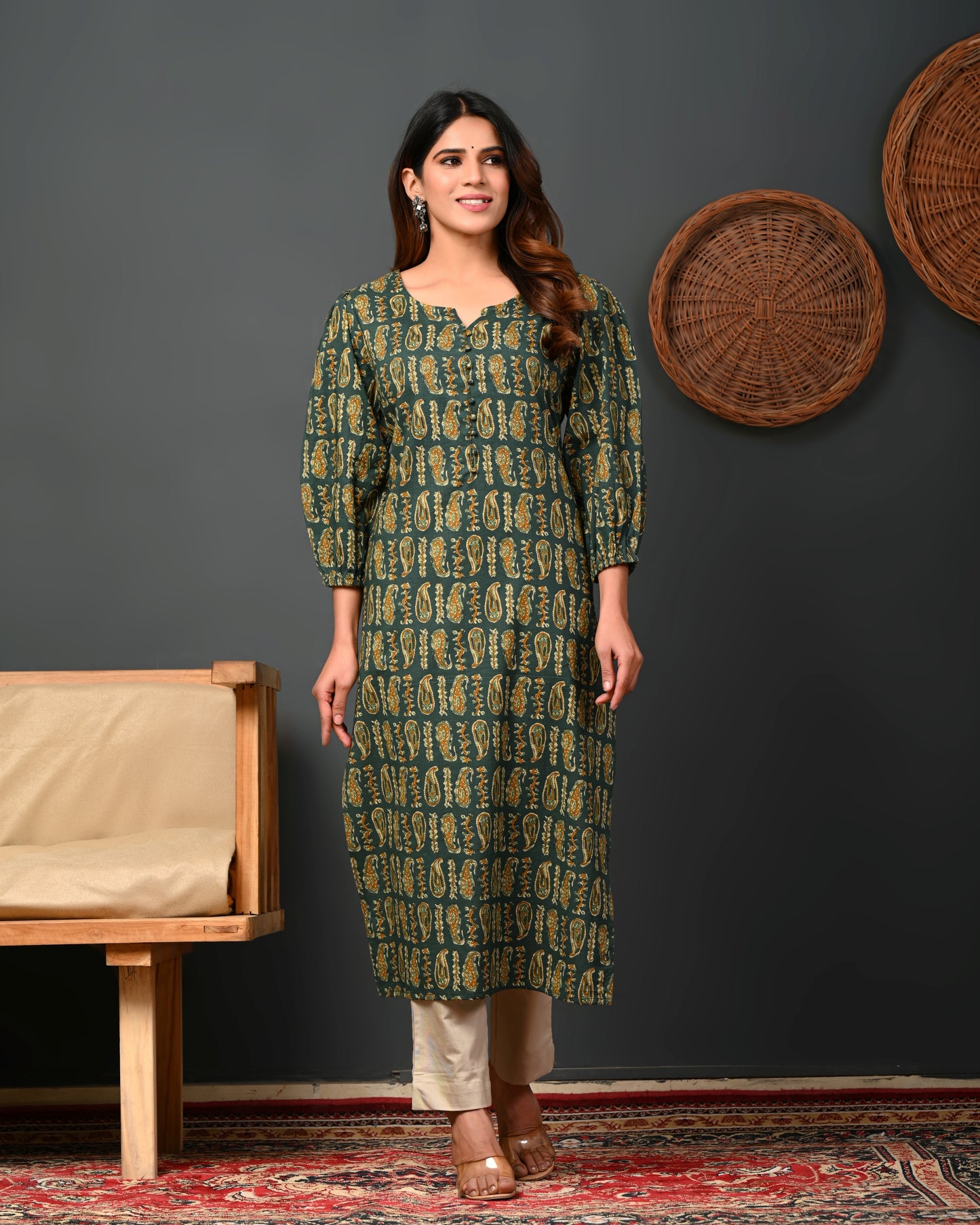 Rimeline Women Paisley Printed Puff Sleeves Pure Cotton Kurta