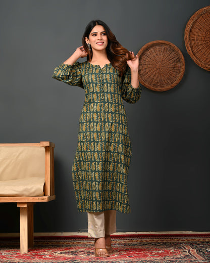 Rimeline Women Paisley Printed Puff Sleeves Pure Cotton Kurta