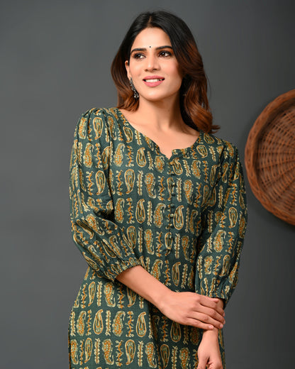 Rimeline Women Paisley Printed Puff Sleeves Pure Cotton Kurta