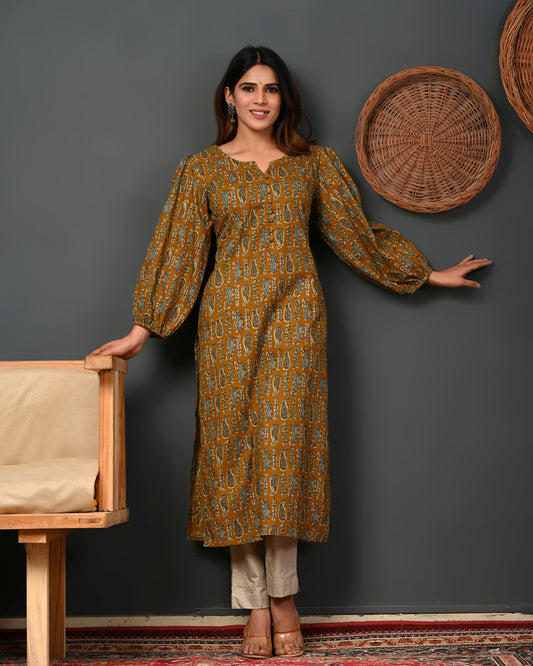 Rimeline Ethnic Motifs Printed Round Neck Puff Sleeves Pure Cotton Kurta