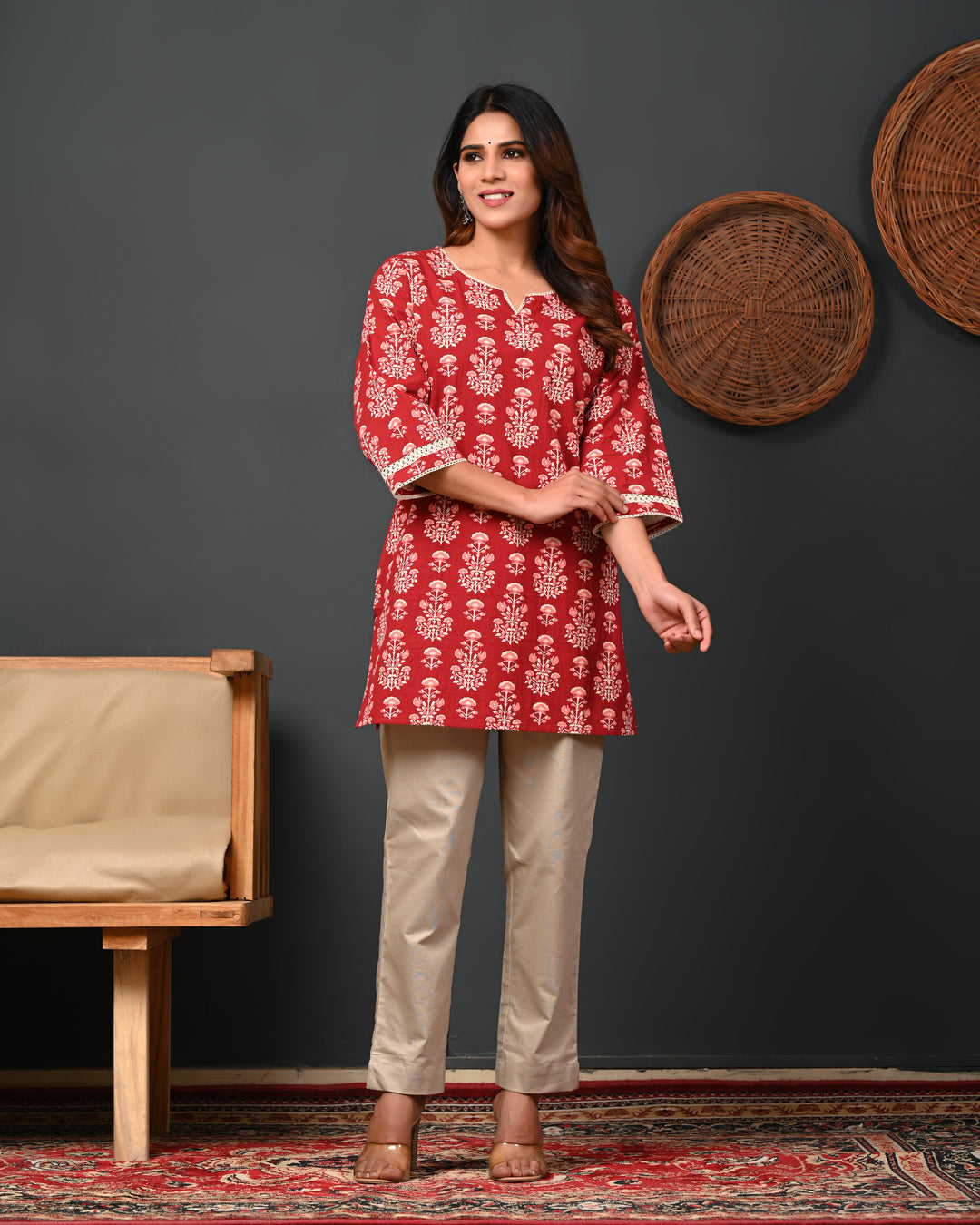 RimeLine Maroon Women Ethnic Motifs Printed Round-Neck Pure Cotton Kurti