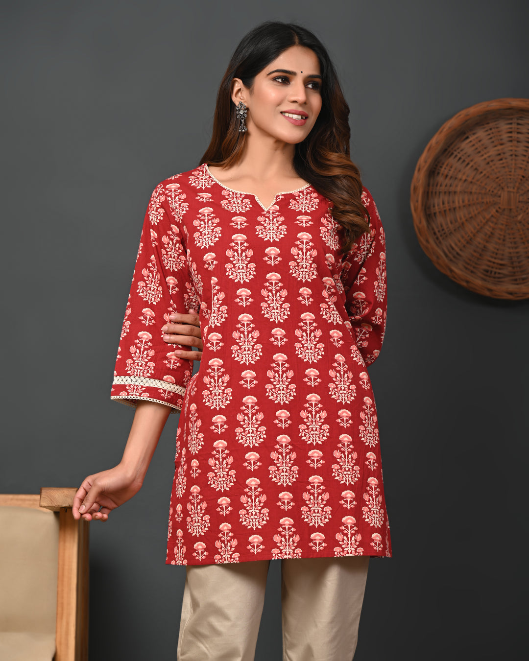 RimeLine Maroon Women Ethnic Motifs Printed Round-Neck Pure Cotton Kurti