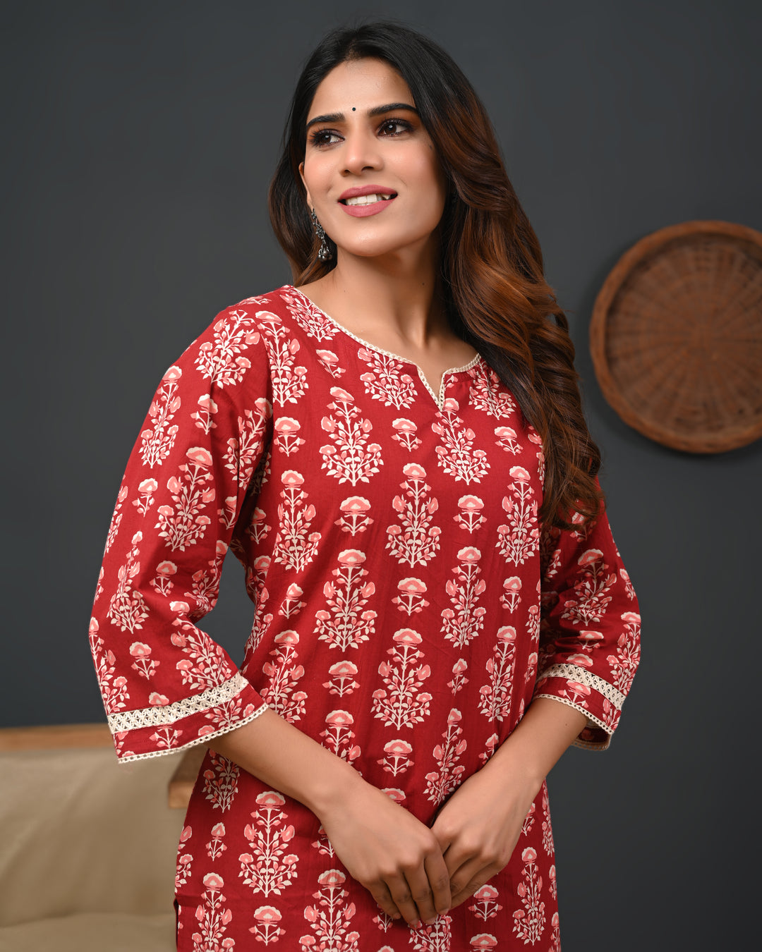 RimeLine Maroon Women Ethnic Motifs Printed Round-Neck Pure Cotton Kurti