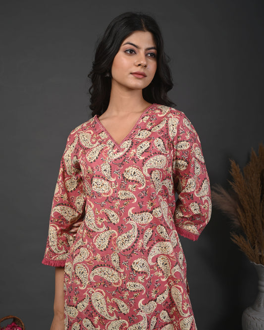 Rimeline Floral Printed V-Neck Cotton Straight Kurta