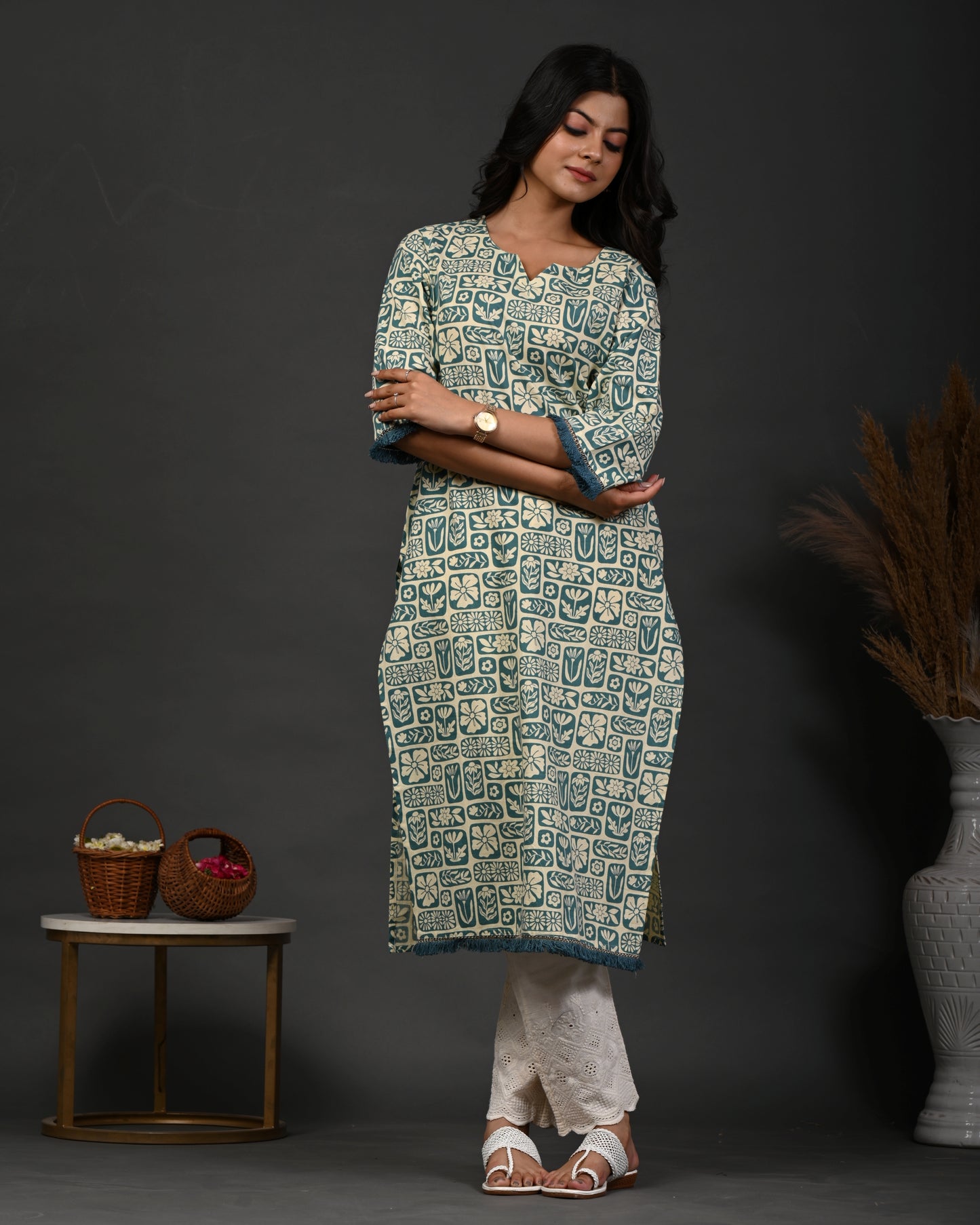 Rimeline Floral Printed Notch Neck Straight Kurta