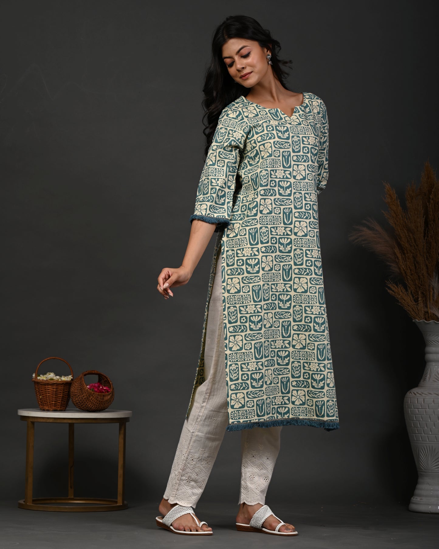 Rimeline Floral Printed Notch Neck Straight Kurta