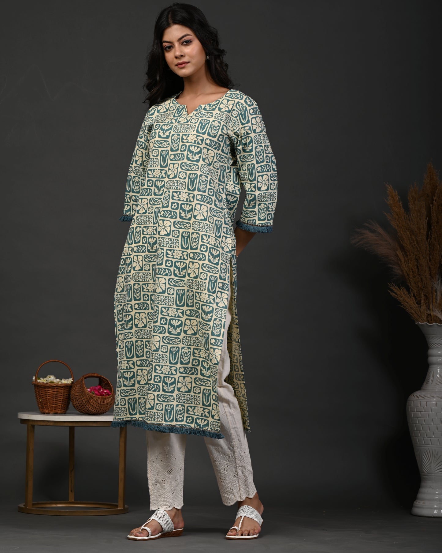 Rimeline Floral Printed Notch Neck Straight Kurta