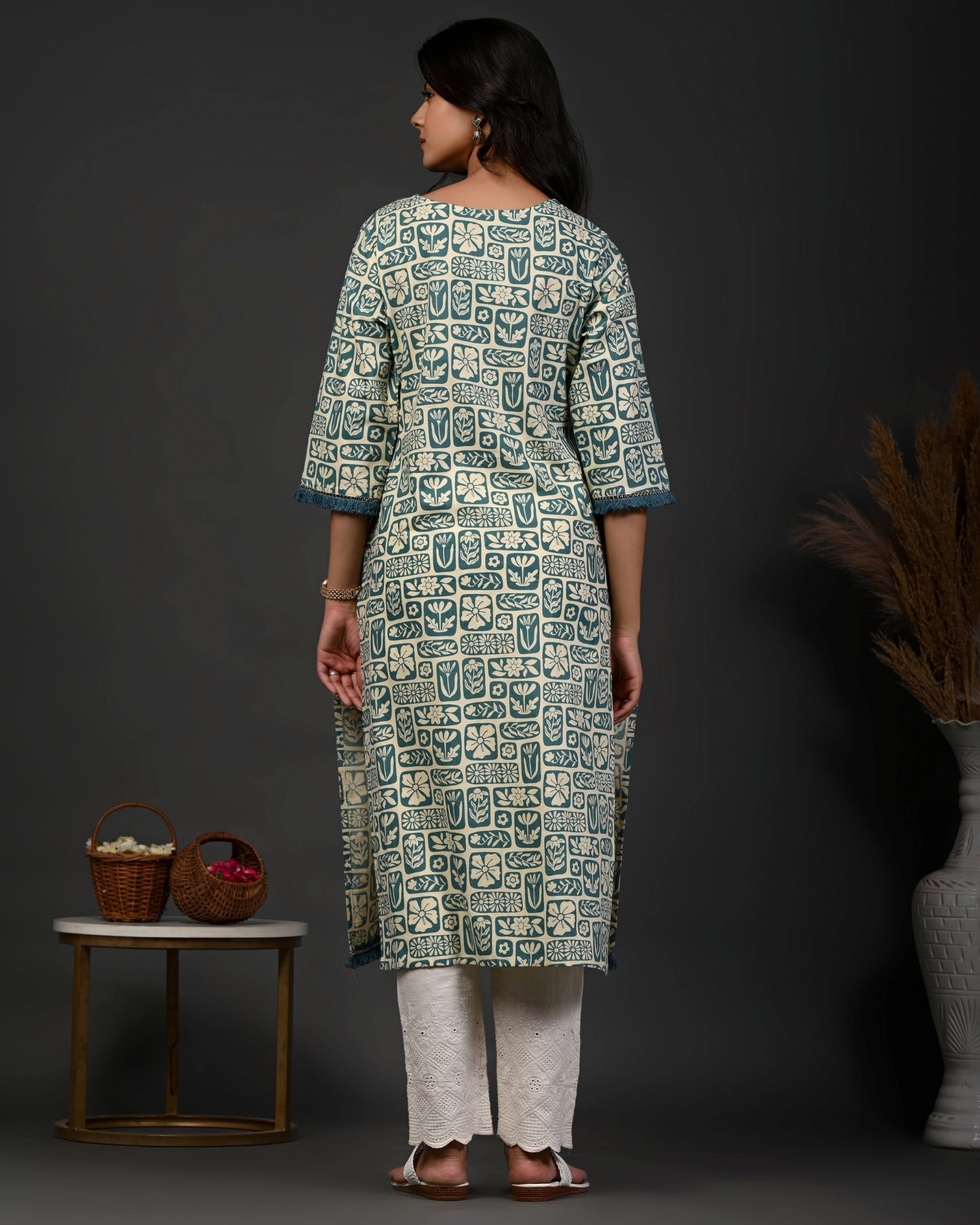 Rimeline Floral Printed Notch Neck Straight Kurta