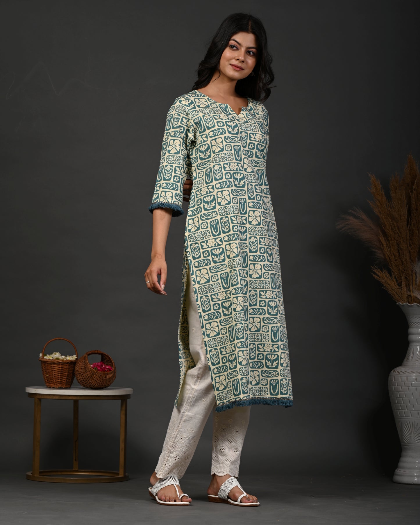 Rimeline Floral Printed Notch Neck Straight Kurta