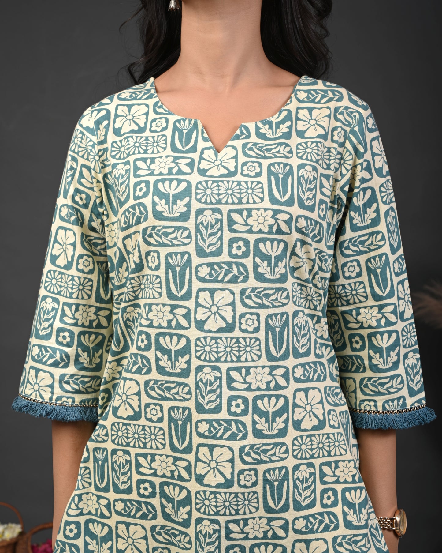 Rimeline Floral Printed Notch Neck Straight Kurta