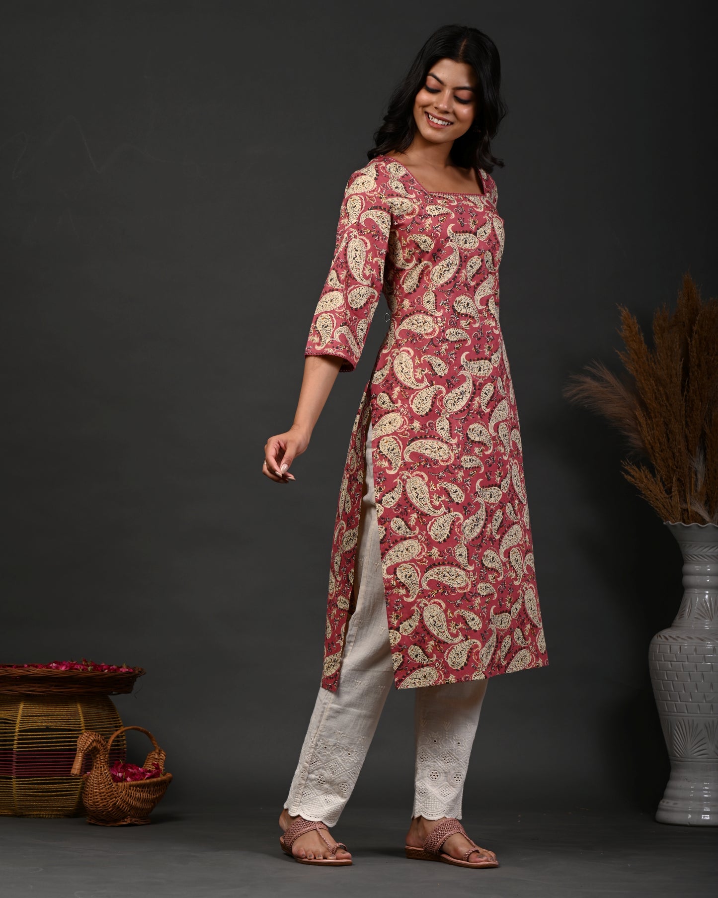 Rimeline Paisley Screen Printed Square Neck Pure Cotton Straight Kurta
