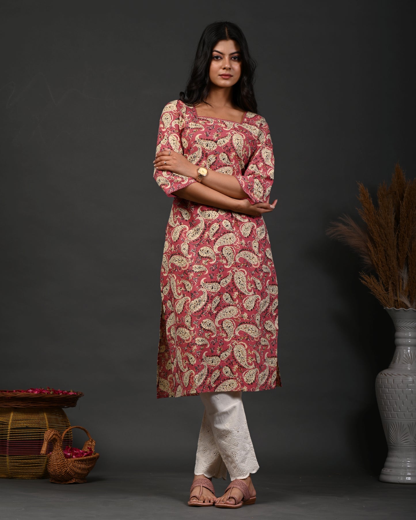 Rimeline Paisley Screen Printed Square Neck Pure Cotton Straight Kurta