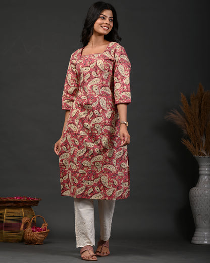 Rimeline Paisley Screen Printed Square Neck Pure Cotton Straight Kurta