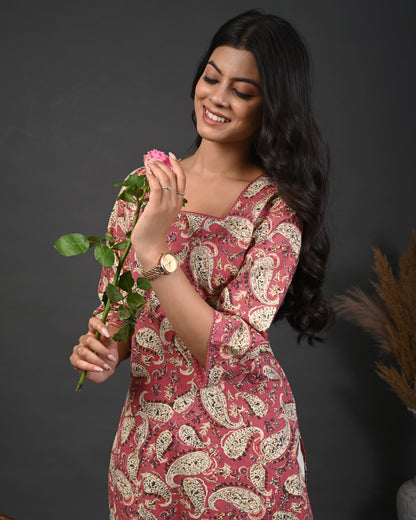 Rimeline Paisley Screen Printed Square Neck Pure Cotton Straight Kurta