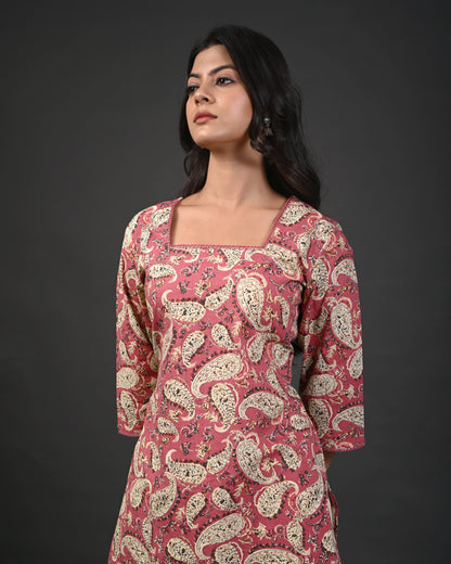 Rimeline Paisley Screen Printed Square Neck Pure Cotton Straight Kurta